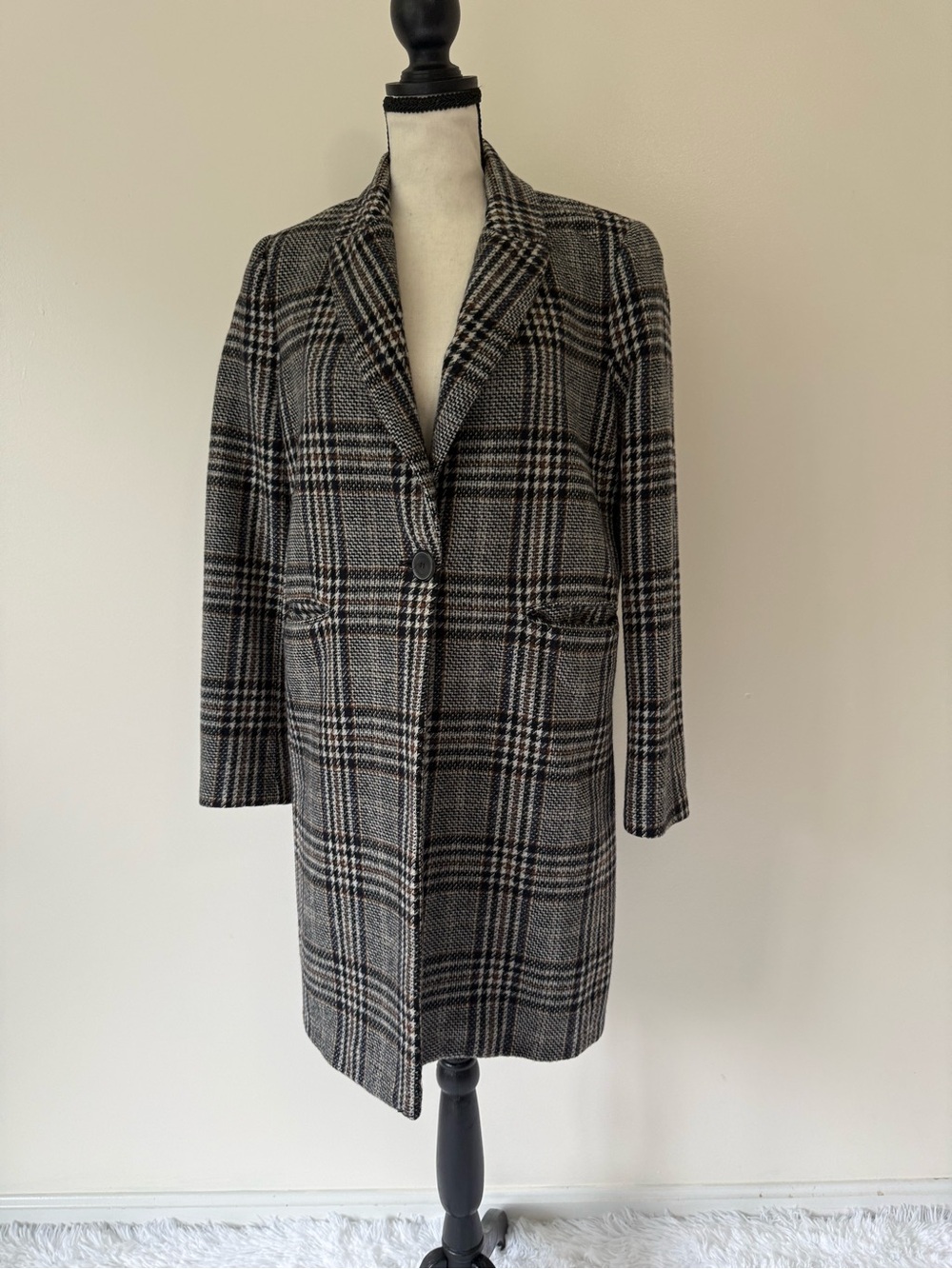 Zara Black & Gray Plaid Wool-Blend Pea Coat